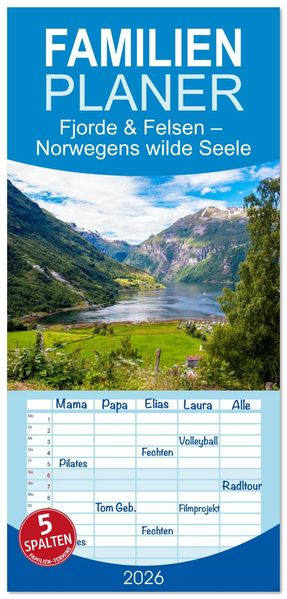 Familienplaner 2026 - Fjorde & Felsen - Norwegens wilde Seele mit 5 Spalten (Wandkalender 21 x 45 cm) CALVENDO
