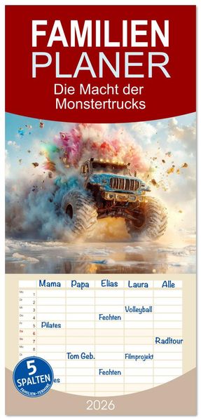 Familienplaner 2026 - Die Macht der Monstertrucks mit 5 Spalten (Wandkalender 21 x 45 cm) CALVENDO