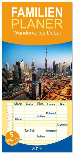 Familienplaner 2026 - Wundervolles Dubai mit 5 Spalten (Wandkalender 21 x 45 cm) CALVENDO