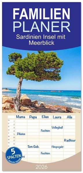 Familienplaner 2026 - Sardinien Insel mit Meerblick mit 5 Spalten (Wandkalender 21 x 45 cm) CALVENDO