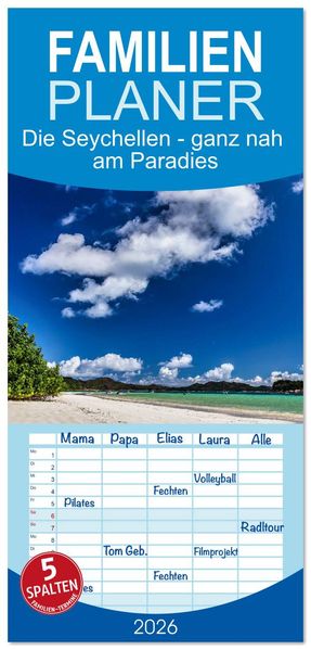 Familienplaner 2026 - Die Seychellen - ganz nah am Paradies mit 5 Spalten (Wandkalender 21 x 45 cm) CALVENDO