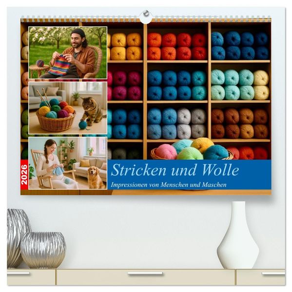 Stricken und Wolle (hochwertiger Premium Wandkalender 2026 DIN A2 quer) Kunstdruck in Hochglanz