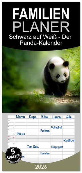 Familienplaner 2026 - Schwarz auf Weiß - Der Panda-Kalender mit 5 Spalten (Wandkalender 21 x 45 cm) CALVENDO