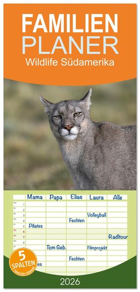Familienplaner 2026 - Wildlife Südamerika mit 5 Spalten (Wandkalender 21 x 45 cm) CALVENDO