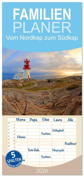 Familienplaner 2026 - Vom Nordkap zum Südkap mit 5 Spalten (Wandkalender 21 x 45 cm) CALVENDO