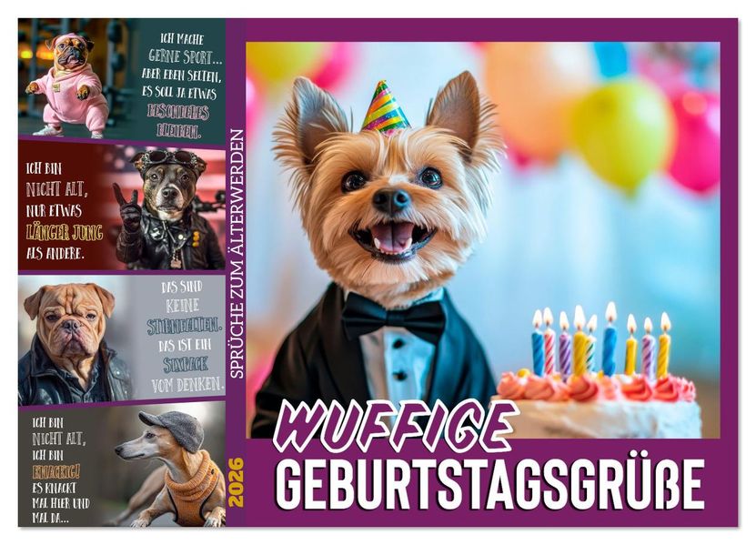 Wuffige Geburtstagsgrüße SPRÜCHE ZUM ÄLTERWERDEN (Wandkalender 2026 DIN A3 quer) CALVENDO Monatskalender