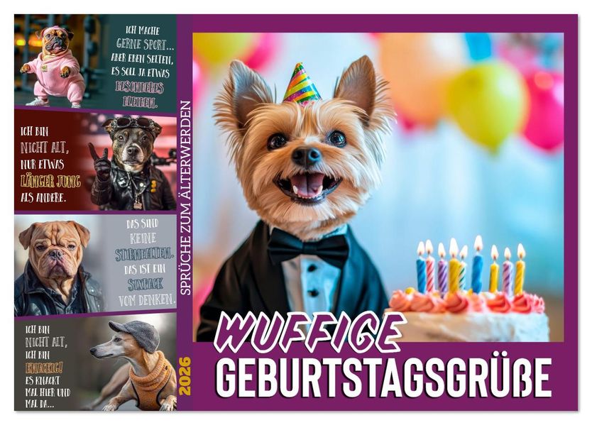 Wuffige Geburtstagsgrüße SPRÜCHE ZUM ÄLTERWERDEN (Tischkalender 2026 DIN A5 quer) CALVENDO Monatskalender
