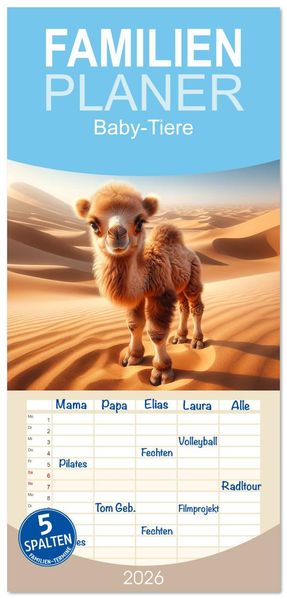 Familienplaner 2026 - Baby-Tiere mit 5 Spalten (Wandkalender 21 x 45 cm) CALVENDO