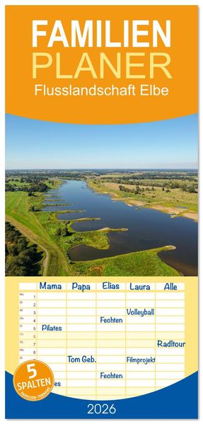Familienplaner 2026 - Flusslandschaft Elbe mit 5 Spalten (Wandkalender 21 x 45 cm) CALVENDO
