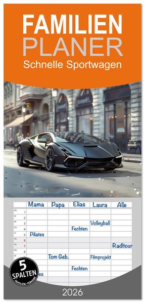 Familienplaner 2026 - Schnelle Sportwagen mit 5 Spalten (Wandkalender 21 x 45 cm) CALVENDO