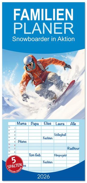 Familienplaner 2026 - Snowboarder in Aktion mit 5 Spalten (Wandkalender 21 x 45 cm) CALVENDO
