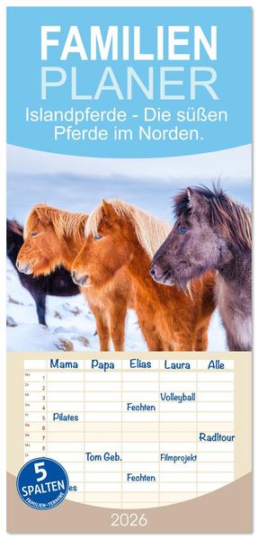 Familienplaner 2026 - Islandpferde - Die süßen Pferde im Norden. mit 5 Spalten (Wandkalender 21 x 45 cm) CALVENDO