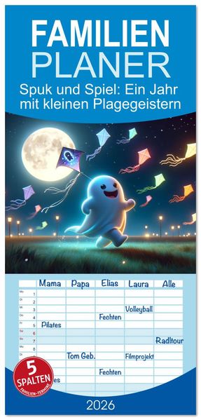 Familienplaner 2026 - Spuk und Spiel: Ein Jahr mit kleinen Plagegeistern mit 5 Spalten (Wandkalender 21 x 45 cm) CALVENDO