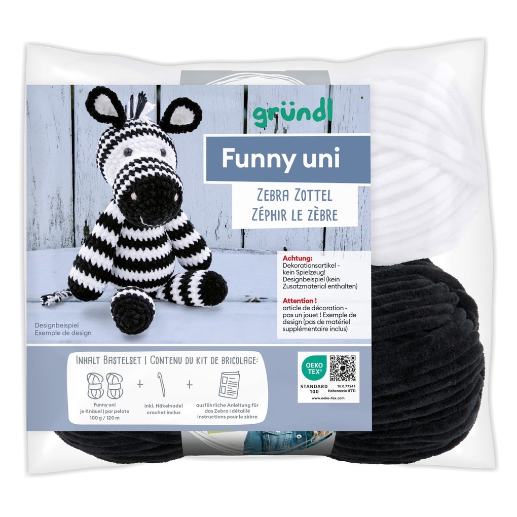 gründl Funny uni SB-Pack Zebra Zottel Chenillegarn Häkelset
