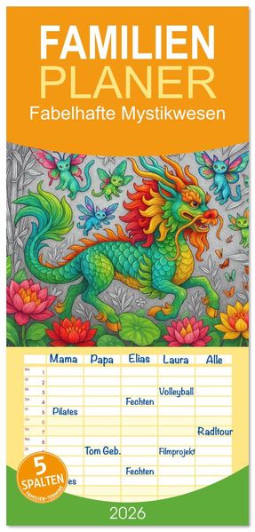 Familienplaner 2026 - Fabelhafte Mystikwesen mit 5 Spalten (Wandkalender 21 x 45 cm) CALVENDO