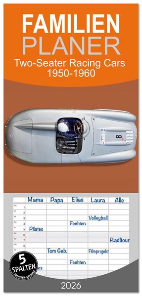 Familienplaner 2026 - Two-Seater Racing Cars 1950-1960 mit 5 Spalten (Wandkalender 21 x 45 cm) CALVENDO