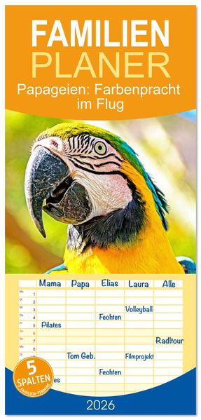 Familienplaner 2026 - Papageien: Farbenpracht im Flug mit 5 Spalten (Wandkalender 21 x 45 cm) CALVENDO