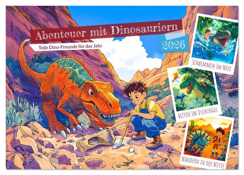 Abenteuer mit Dinosauriern - Tolle Dino-Freunde für das Jahr (Wandkalender 2026 DIN A3 quer) CALVENDO Monatskalender