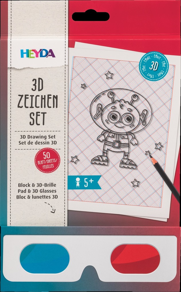Heyda 3D Zeichen Set - Block mit 50 Blatt und 3D-Brille