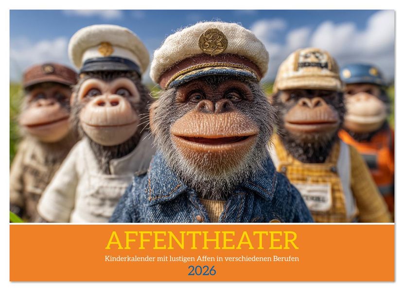 Affentheater - Kinderkalender mit lustigen Affen in verschiedenen Berufen (Wandkalender 2026 DIN A3 quer) CALVENDO Monatskalender