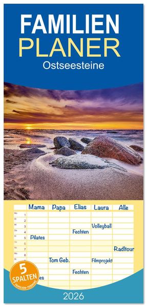 Familienplaner 2026 - Ostseesteine mit 5 Spalten (Wandkalender 21 x 45 cm) CALVENDO