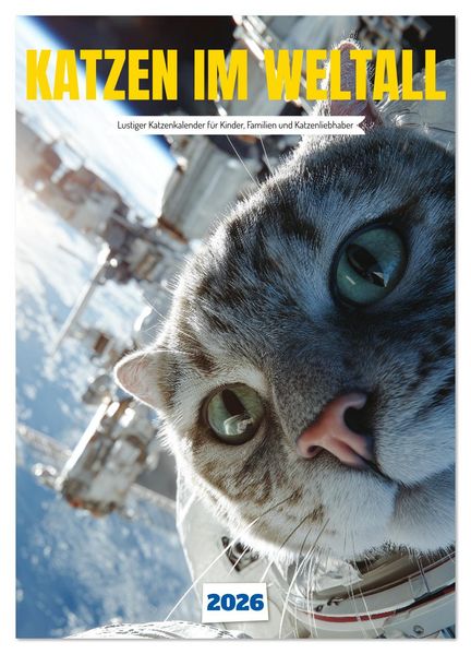 Katzen im Weltall - lustiger Katzenkalender für Kinder Familien und Katzenliebhaber (Wandkalender 2026 DIN A2 hoch) CALVENDO Monatskalender