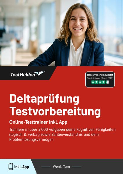 Deltaprüfung Testvorbereitung Online-Testtrainer inkl. App - Trainiere in über 5.000 Aufgaben deine kognitiven Fähigkeiten (logisch & verbal) sowie Zahlenverständnis und dein Problemlösungsvermögen