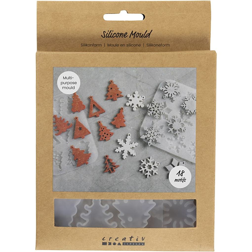 Creativ Company Silikonform Schneeflocken und Weihnachtsbäume H 03 cm B 35+47 cm mit Loch zum Aufhängen Matt transparent 2 Stk/ 1 Stk