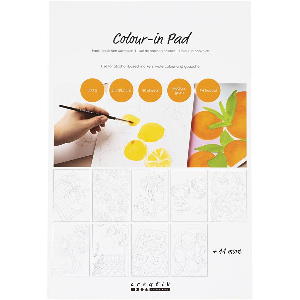 Creativ Company Papierblock zum Ausmalen A4 Blatt 210x297 mm Kaltgepresst mittlere Körnung 300 g Weiß 20 Blatt/ 1 Stk