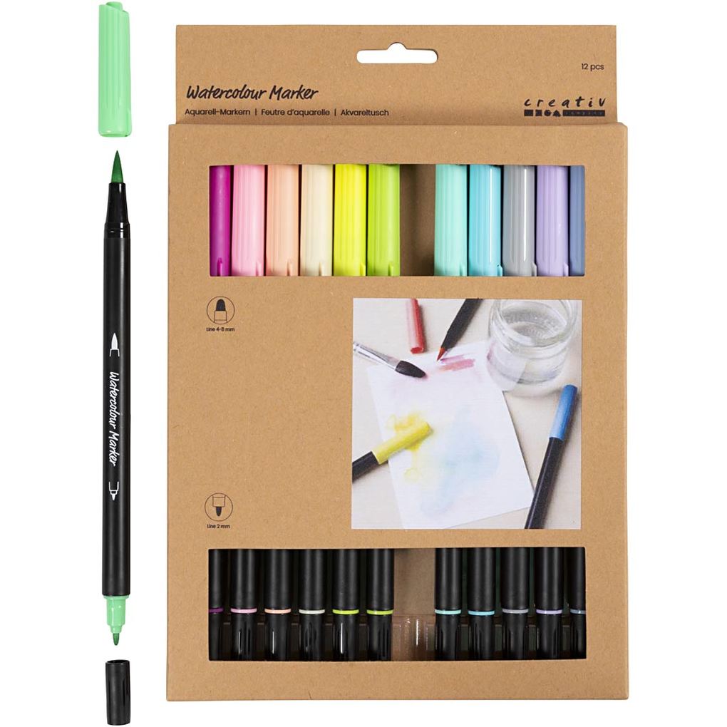 Creativ Company Aquarell-Markern Pastellfarben Strichstärke 2+4-8 mm sortierte Farben 12 Stk