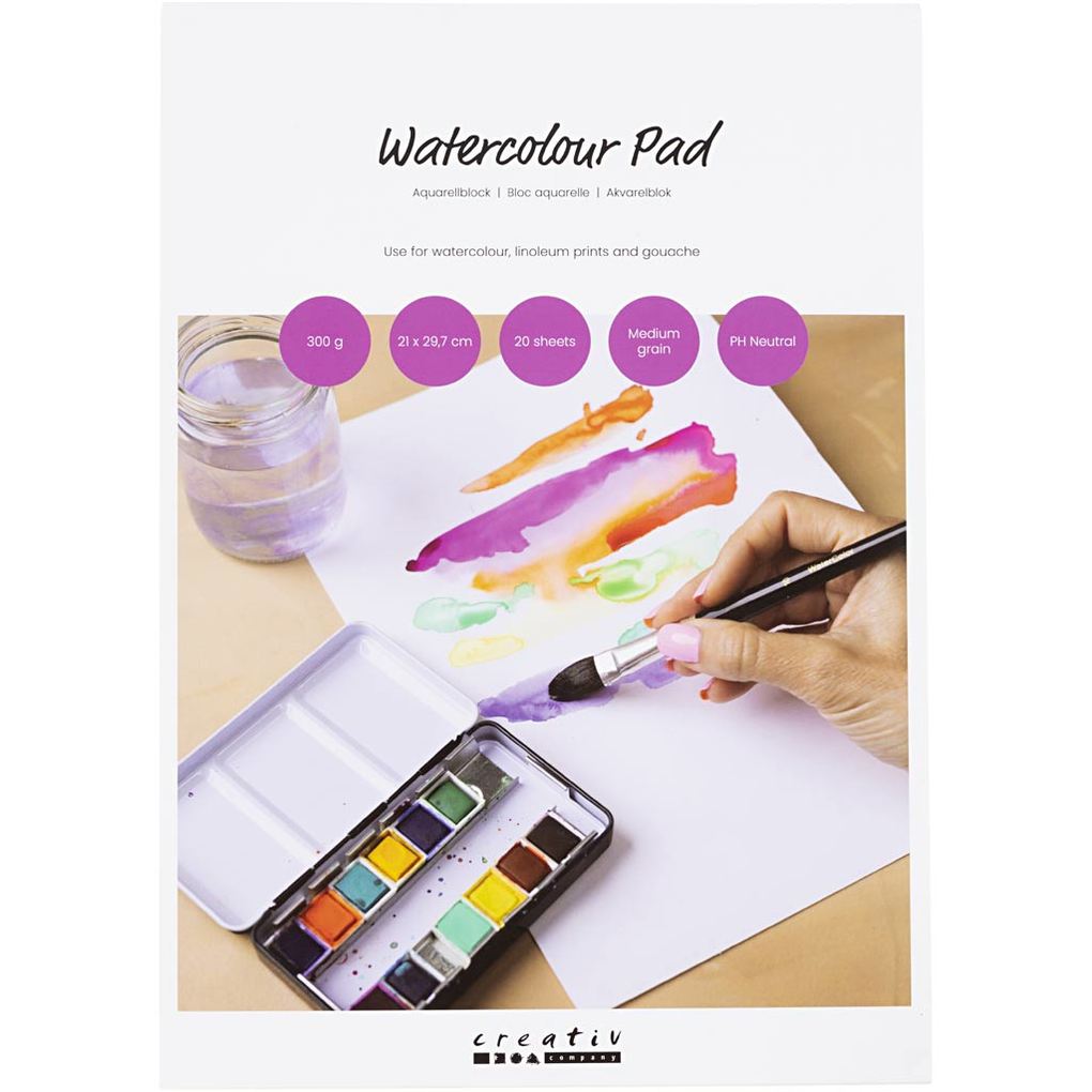 Creativ Company Aquarellblock A4 Blatt 210x297 mm Kaltgepresst mittlere Körnung 20 Blatt 300 g Weiß