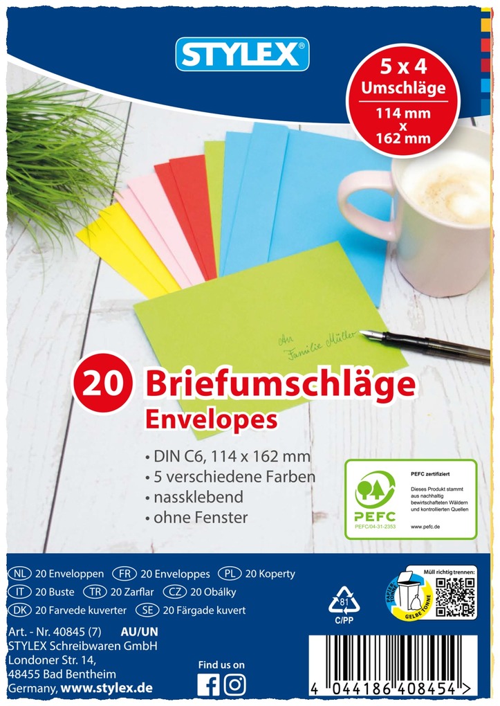 Stylex Briefumschläge DIN C6 nassklebend farbig 20 Stück