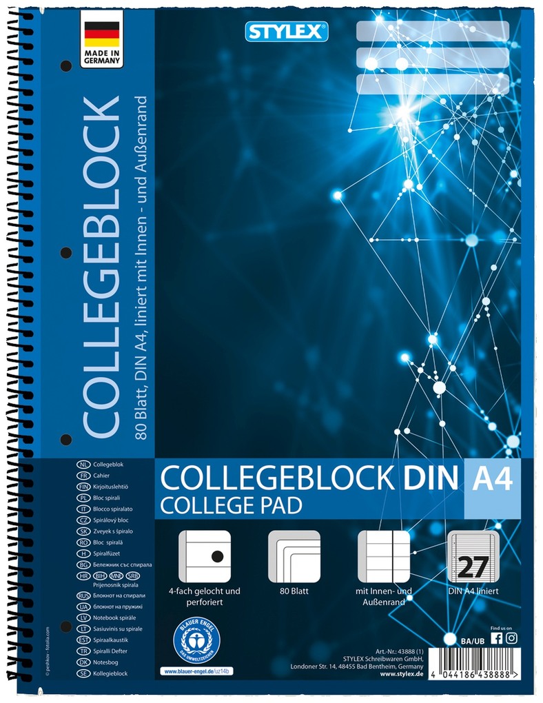 Stylex Collegeblock Spirale Lineatur 27 DIN A4 80 Blatt liniert