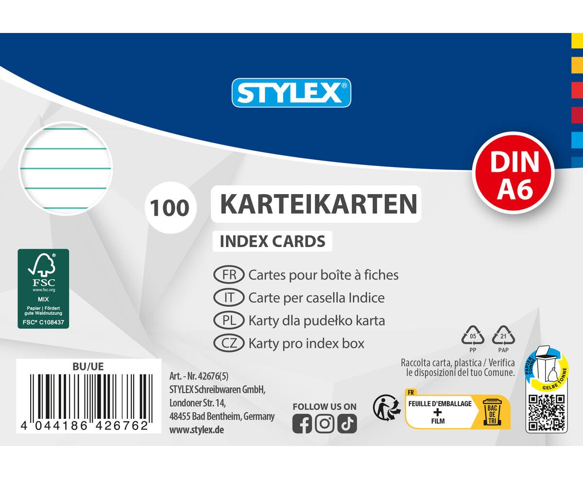 Stylex Karteikarten DIN A6 liniert 100 Stück