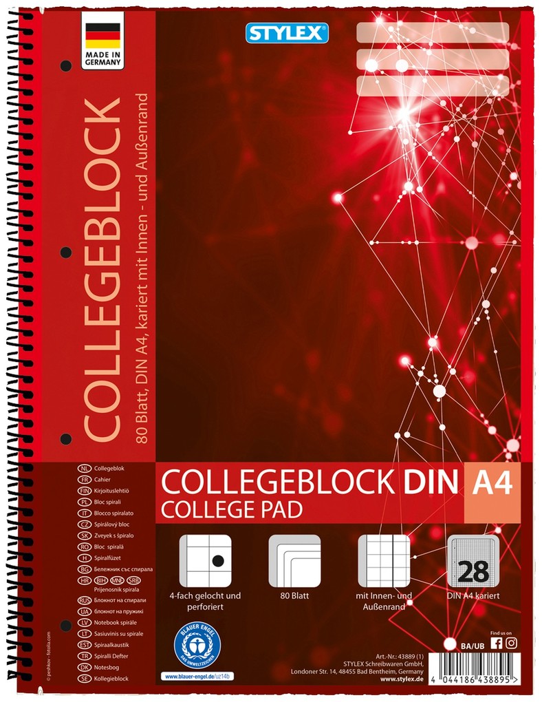 Stylex Collegeblock Spirale Lineatur 28 DIN A4 80 Blatt kariert