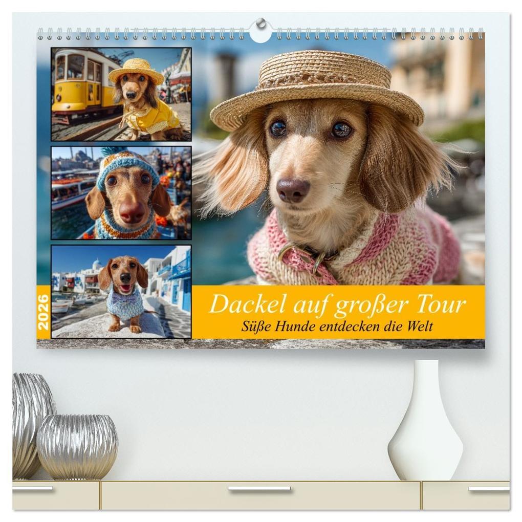 Dackel auf großer Tour - Süße Hunde entdecken die Welt (hochwertiger Premium Wandkalender 2026 DIN A2 quer) Kunstdruck in Hochglanz