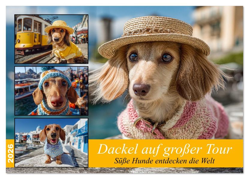 Dackel auf großer Tour - Süße Hunde entdecken die Welt (Wandkalender 2026 DIN A4 quer) CALVENDO Monatskalender