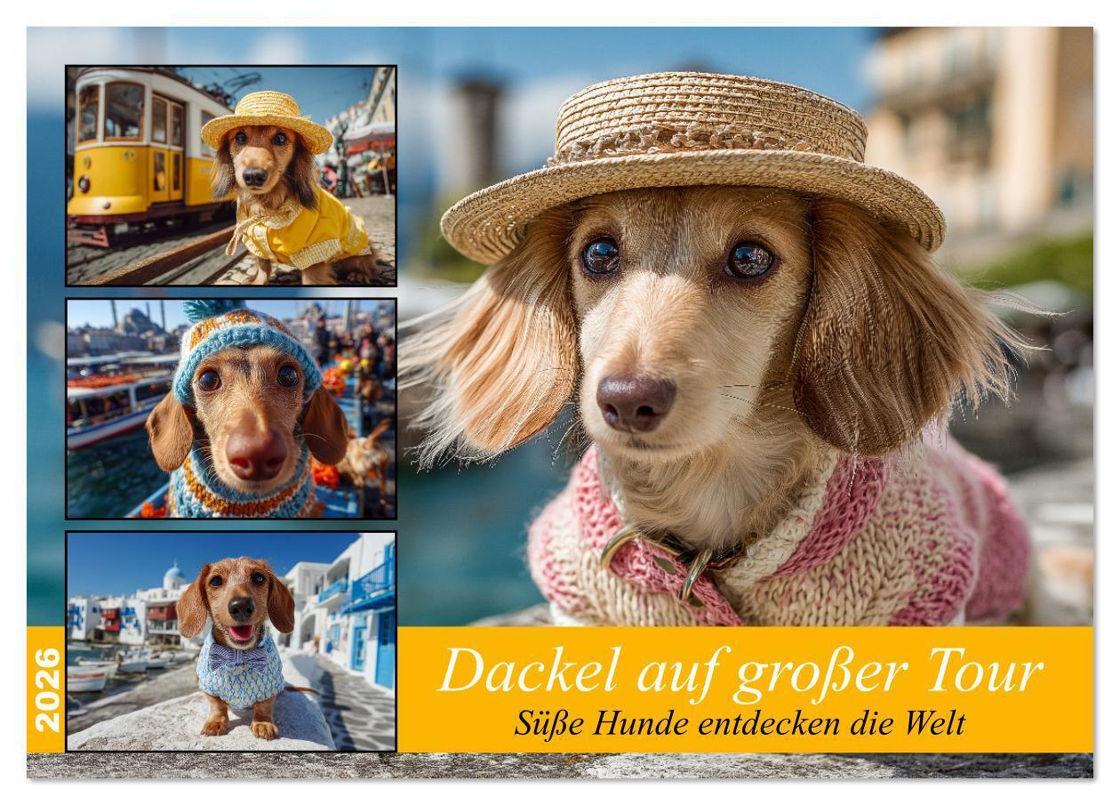 Dackel auf großer Tour - Süße Hunde entdecken die Welt (Tischkalender 2026 DIN A5 quer) CALVENDO Monatskalender