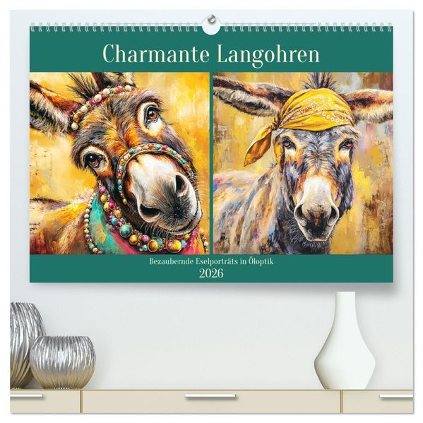 Charmante Langohren. Bezaubernde Eselporträts in Öloptik (hochwertiger Premium Wandkalender 2026 DIN A2 quer) Kunstdruck in Hochglanz