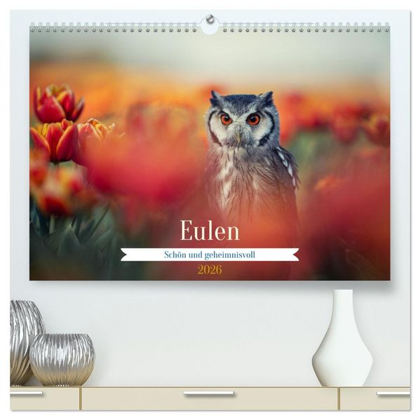 Eulen - schön und geheimnisvoll (hochwertiger Premium Wandkalender 2026 DIN A2 quer) Kunstdruck in Hochglanz