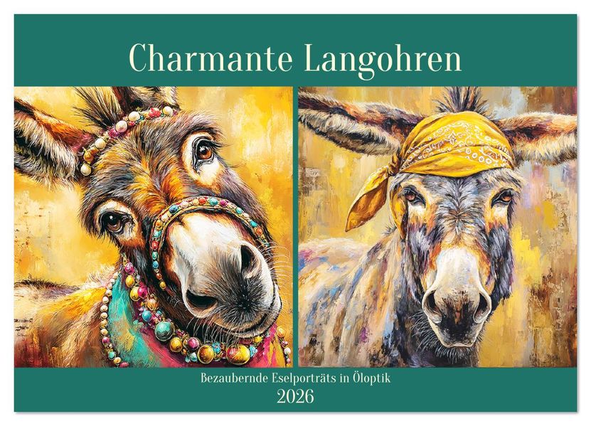 Charmante Langohren. Bezaubernde Eselporträts in Öloptik (Wandkalender 2026 DIN A2 quer) CALVENDO Monatskalender