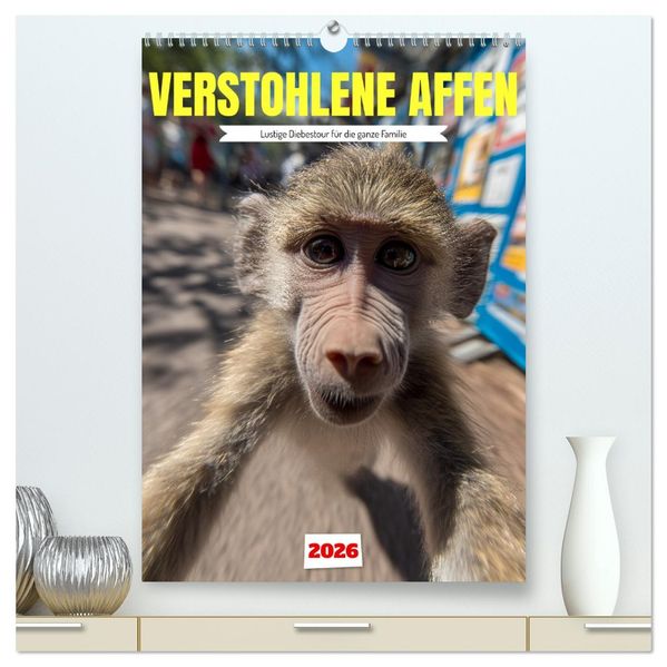 Verstohlene Affen - Lustige Diebestour für die ganze Familie (hochwertiger Premium Wandkalender 2026 DIN A2 hoch) Kunstdruck in Hochglanz