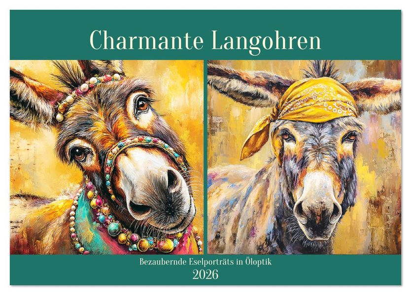 Charmante Langohren. Bezaubernde Eselporträts in Öloptik (Tischkalender 2026 DIN A5 quer) CALVENDO Monatskalender