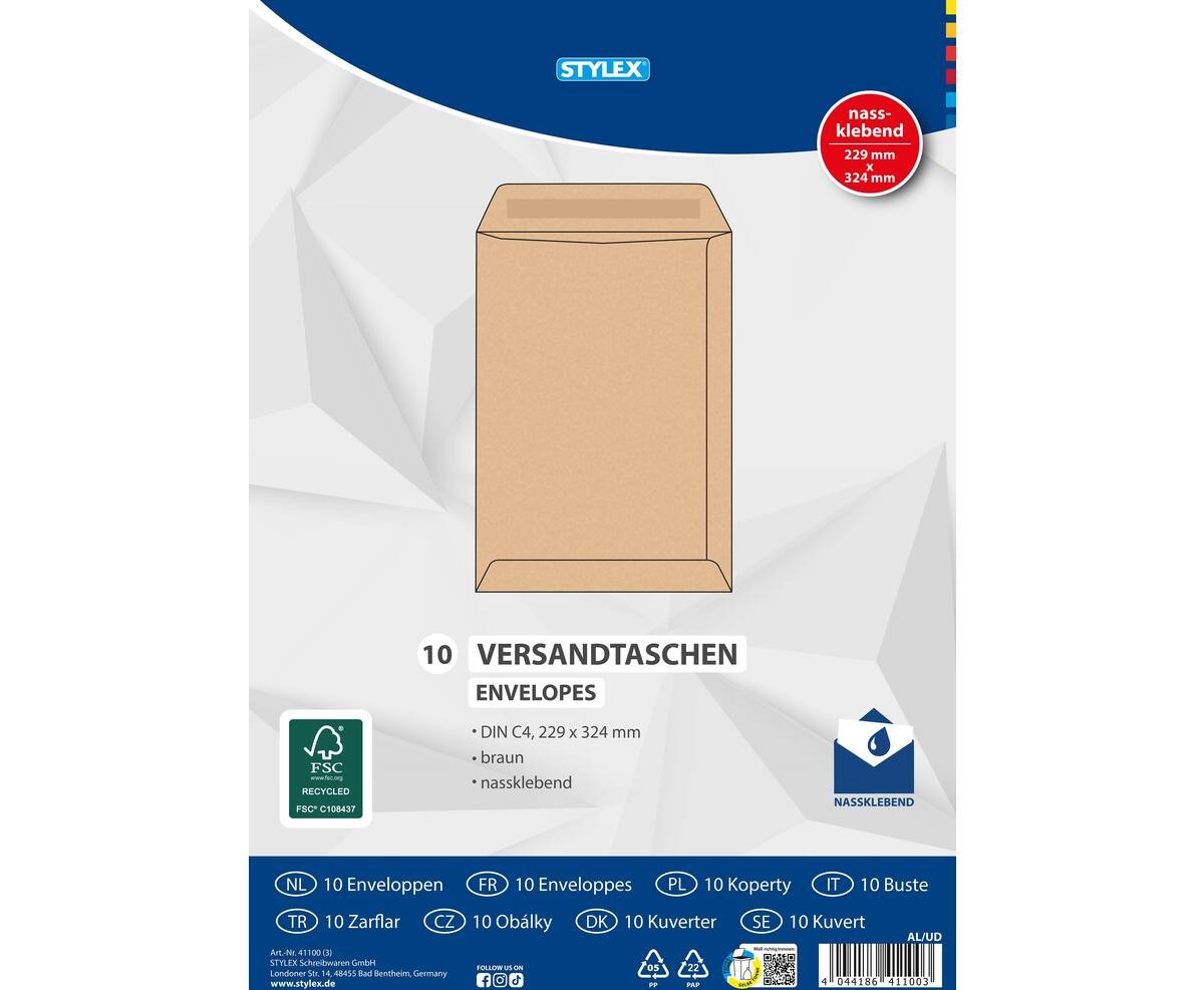 Stylex Versandtaschen DIN C4 nassklebend braun 10 Stück