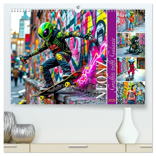 NEONZ - Graffiti trifft Galaxie (hochwertiger Premium Wandkalender 2026 DIN A2 quer) Kunstdruck in Hochglanz