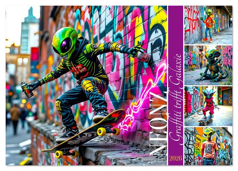 NEONZ - Graffiti trifft Galaxie (Tischkalender 2026 DIN A5 quer) CALVENDO Monatskalender