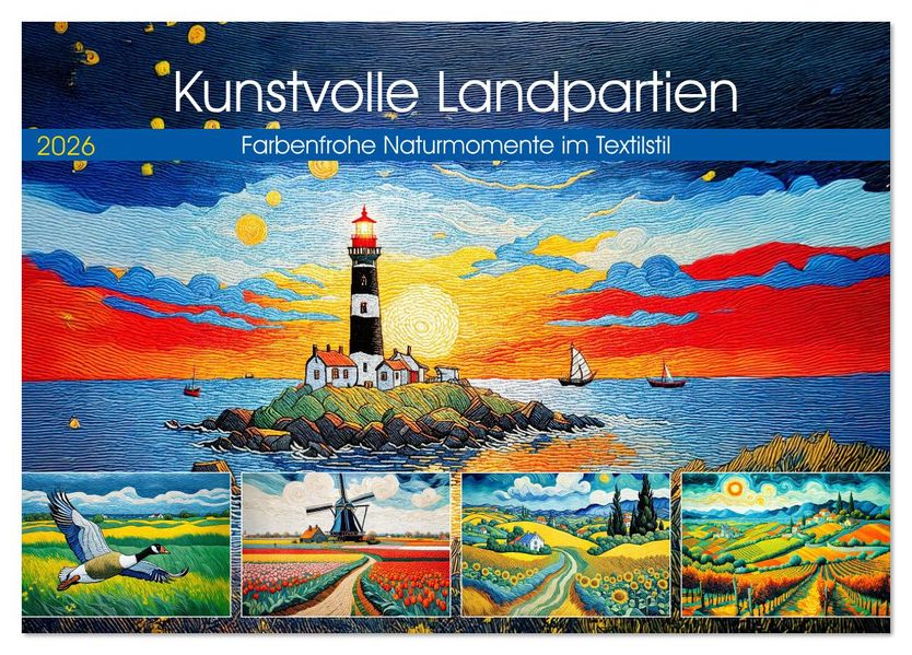 Kunstvolle Landpartien - Farbenfrohe Naturmomente im Textilstil (Tischkalender 2026 DIN A5 quer) CALVENDO Monatskalender