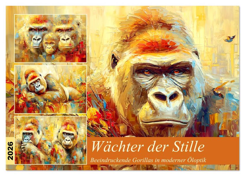 Wächter der Stille. Beeindruckende Gorillas in moderner Öloptik (Wandkalender 2026 DIN A2 quer) CALVENDO Monatskalender