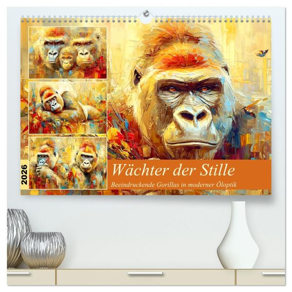 Wächter der Stille. Beeindruckende Gorillas in moderner Öloptik (hochwertiger Premium Wandkalender 2026 DIN A2 quer) Kunstdruck in Hochglanz