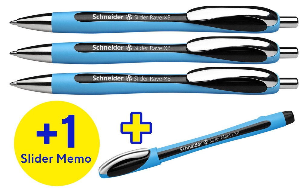 Schneider 3x Kugelschreiber Rave Box + 1x Memo schwarz 4er Set